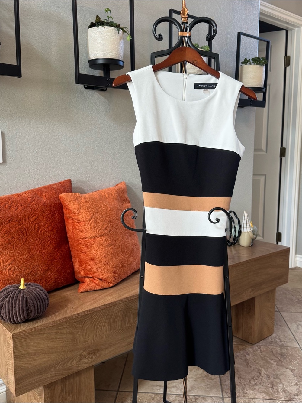 Andrew Marc White, Black & Tan Colorblock Sleeveless Sheath Dress-NEVER WORN